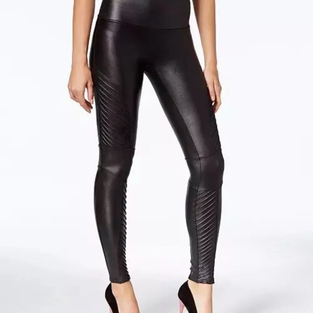 $110 NWOT Spanx Faux Leather Moto Style Black Leggings Size SMALL S/P